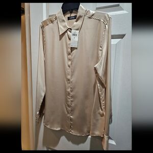 NWT Lauren Ralph Lauren Satin Button-Front Blouse Beige Size L